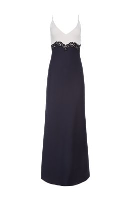 Amaryllis Lace Maxi Dress in Dark Navy Silk Wool Cady