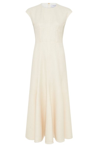 Crowther Midi Dress in Ivory Virgin Wool Silk Slub