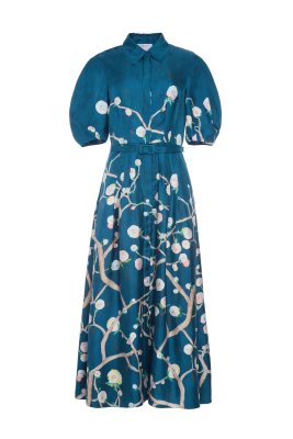 Maude Pleated Midi Shirtdress in Blue Multi Printed Silk Twill