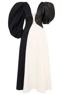 Sephir Puff Sleeve Maxi Dress in Ivory Silk Wool Cady, Black Linen Slub & Leather